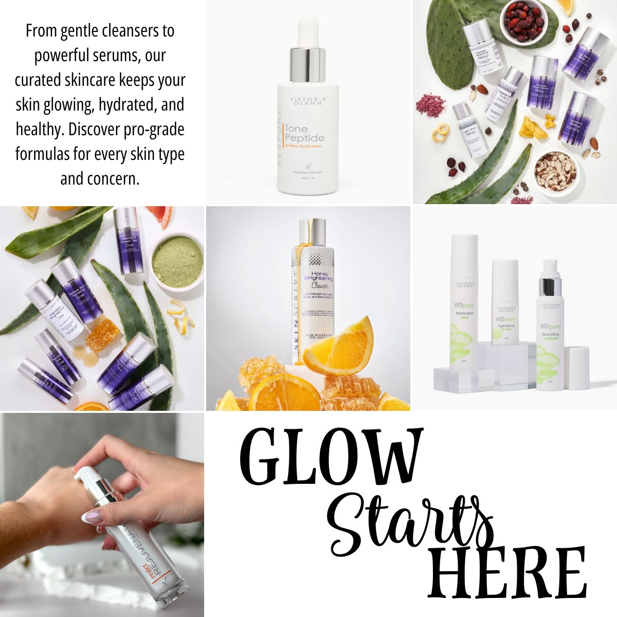 Different images of skincare items from gentle cleansers to serums and moisturizers