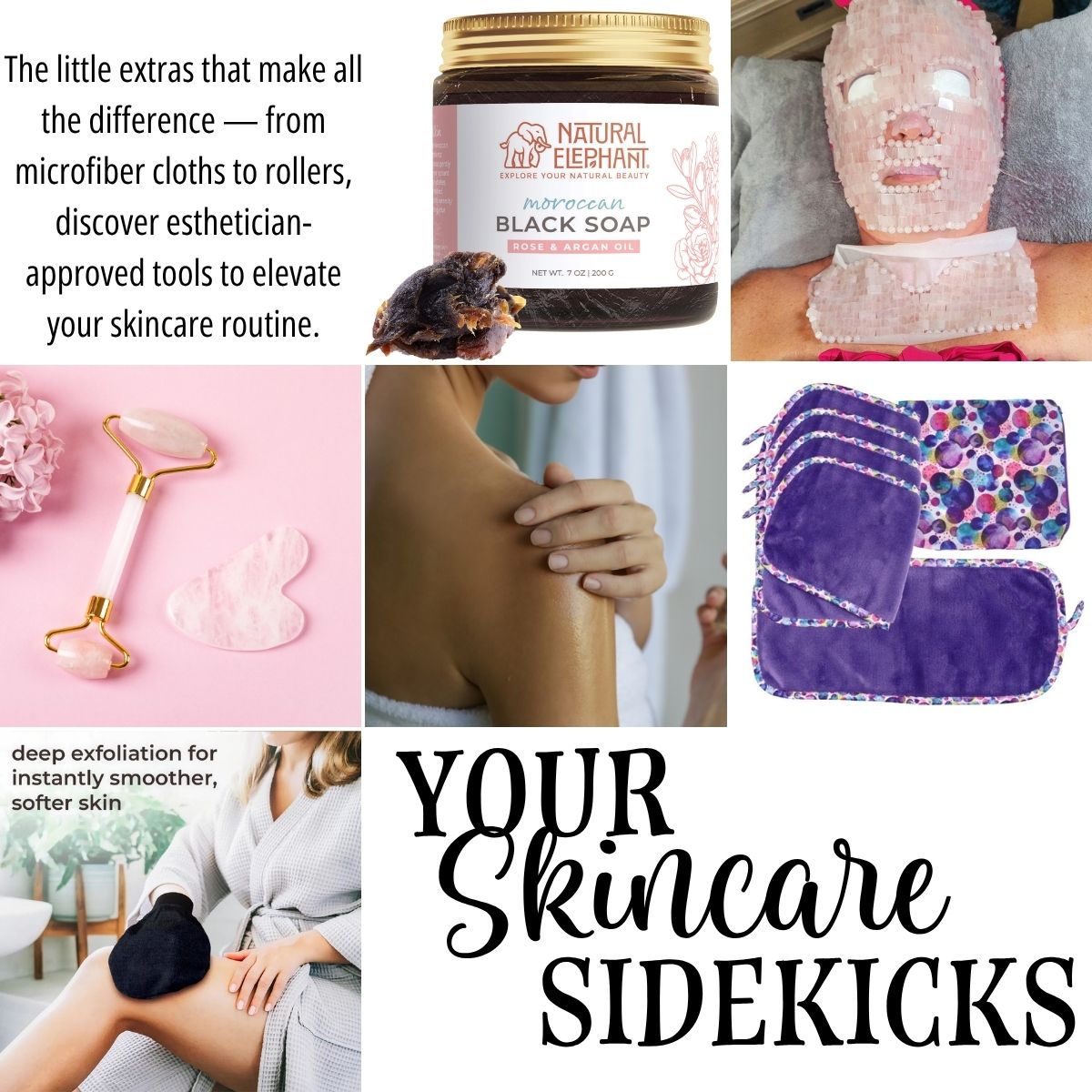 Great Skincarae Tools - Rose Quartz Face Mask, Gua Sha, and Roller, lady using Hammam Glove, Moroccan Black Soap and Microfiber Clothes