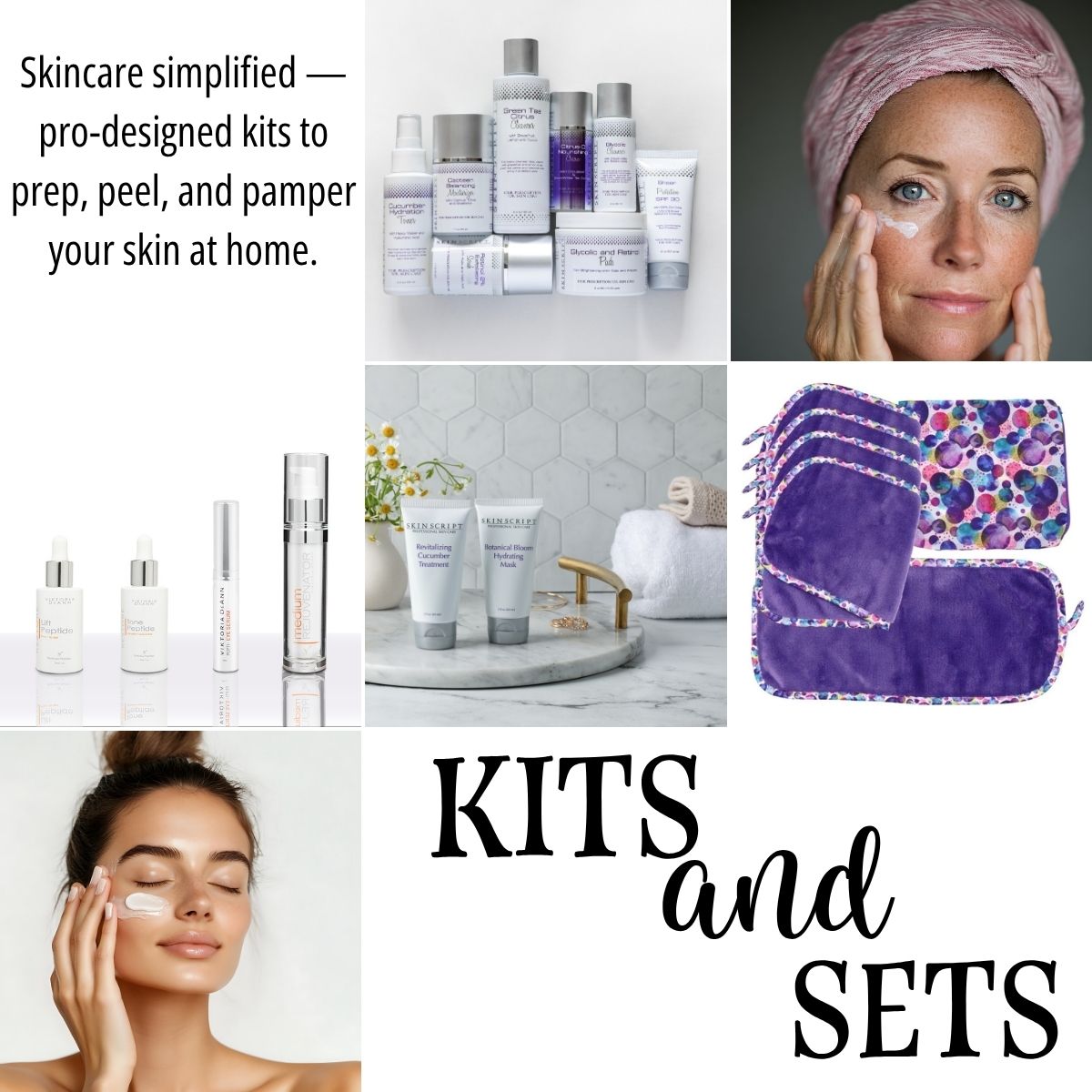 Pictures of skincare kits, microclothes and ladies applying skincare