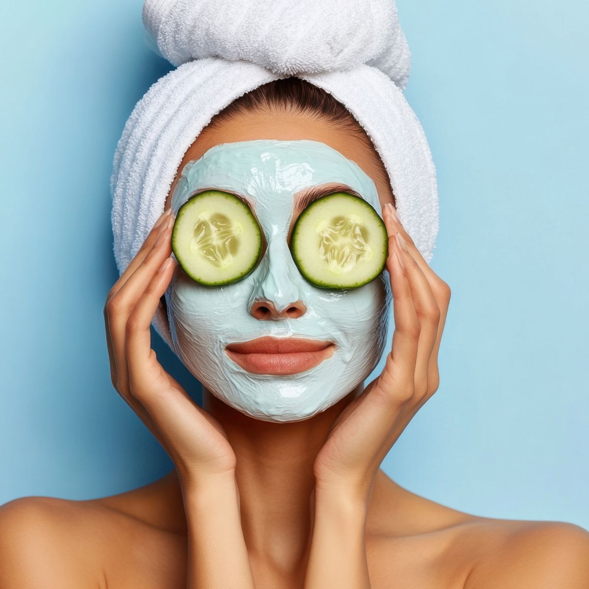 Woman with her hair in a towel, light blue creamy mask and cucumbers over her eyes, hands cupping her face