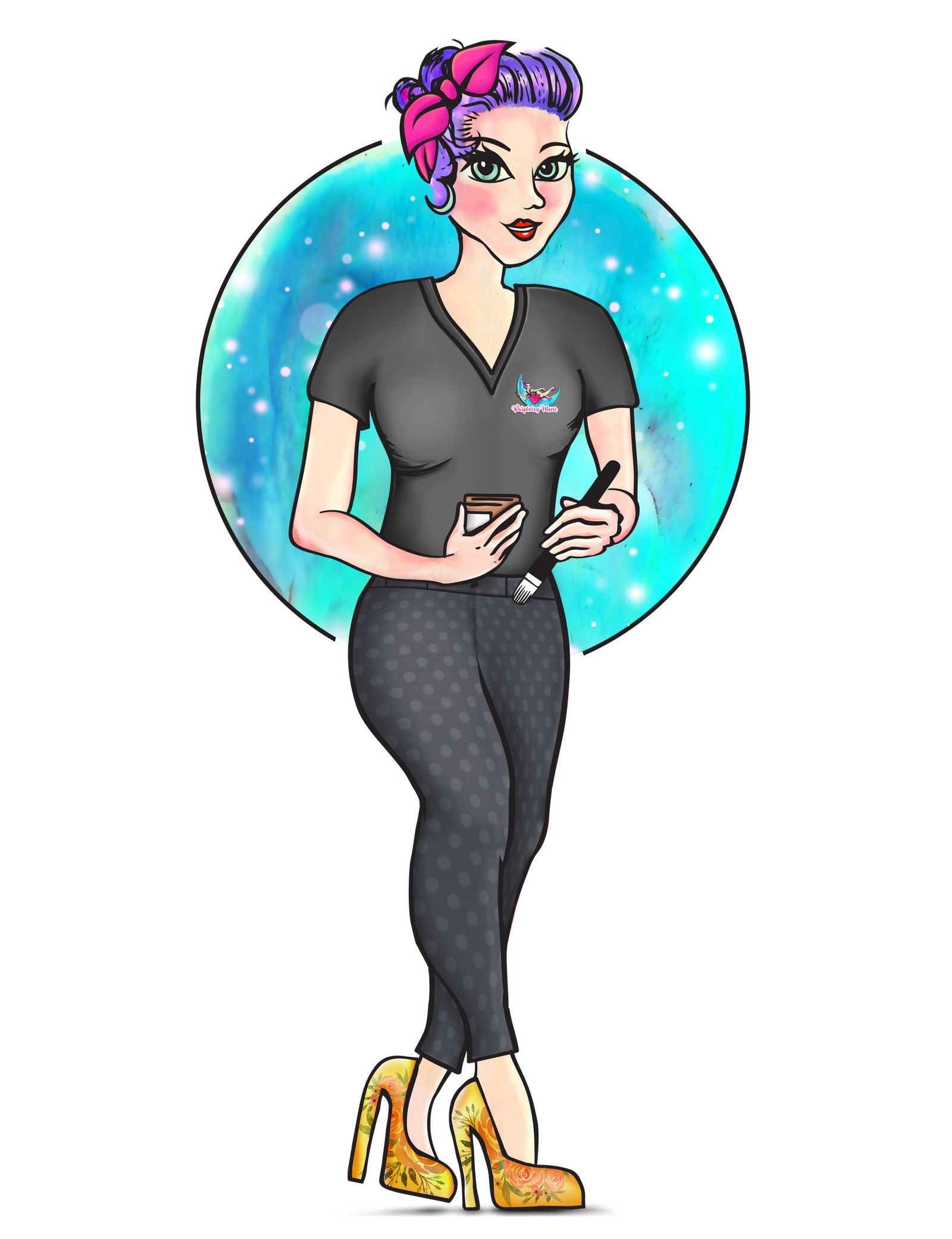 Illustration Image of Nicole holding Skincare items. Nicole has purple hair, pink headband, black top and pants with yellow heels